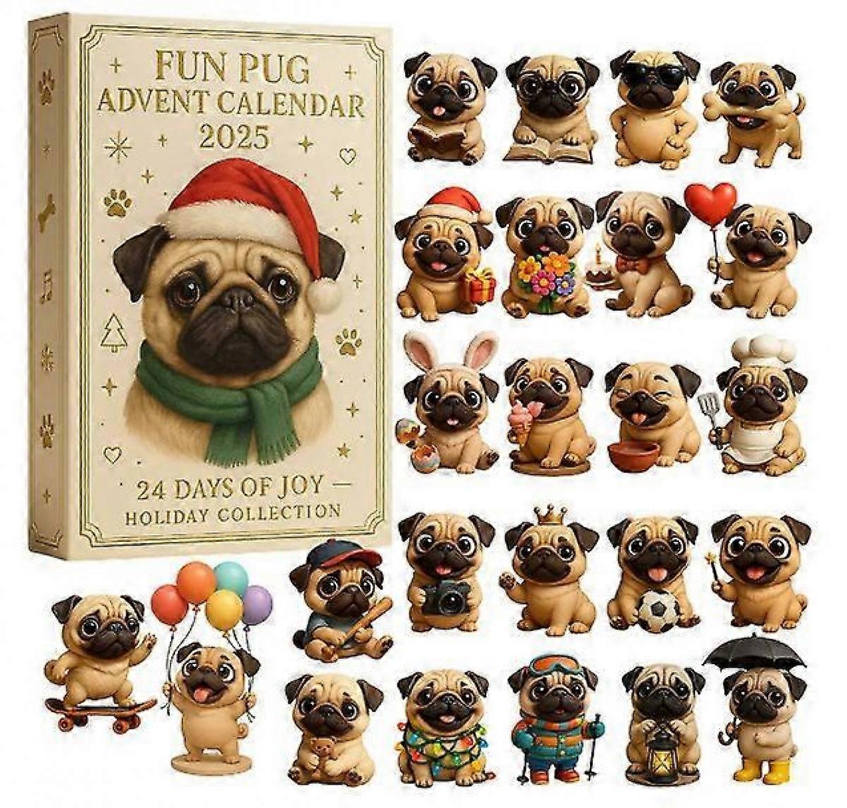 Pug Advent Calendar Blind Box, Acrylic Christmas Tree Ornament Hanging Decor