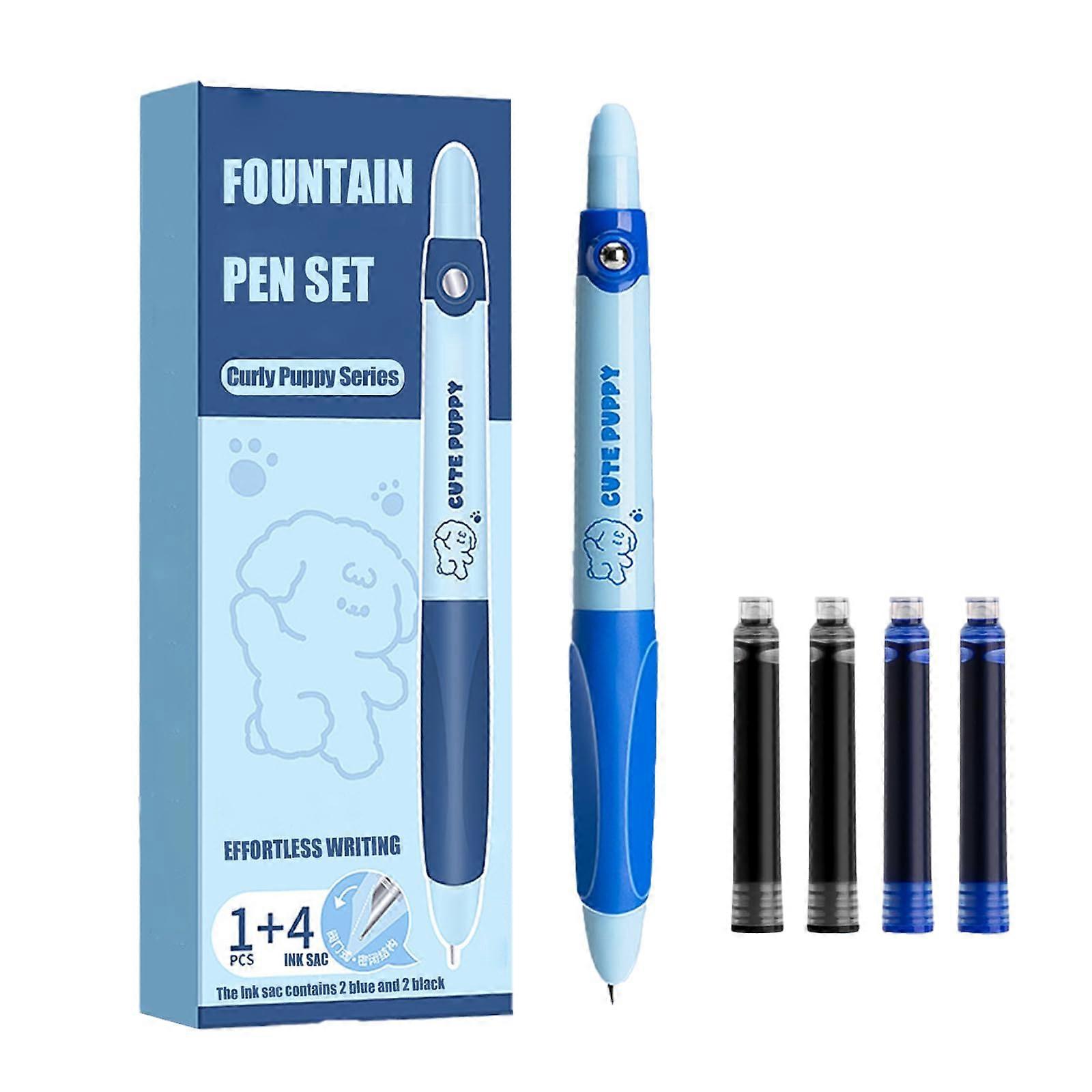 Retractable Fountain Pen 0.38mm Fine Tip, 2 Black & 2 Blue Ink Sacs, Soft Grip, Smooth Writing