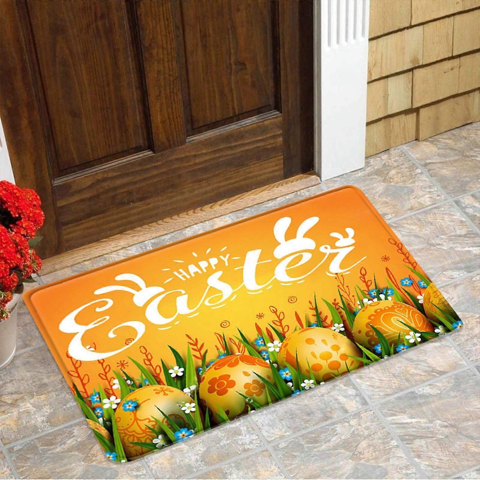 Easter Doormat with Bunny & Eggs, Non-Slip Absorbent Welcome Mat for Front Door, Low Profile Washable Indoor Entry Mat Compatible with Uclet Saving