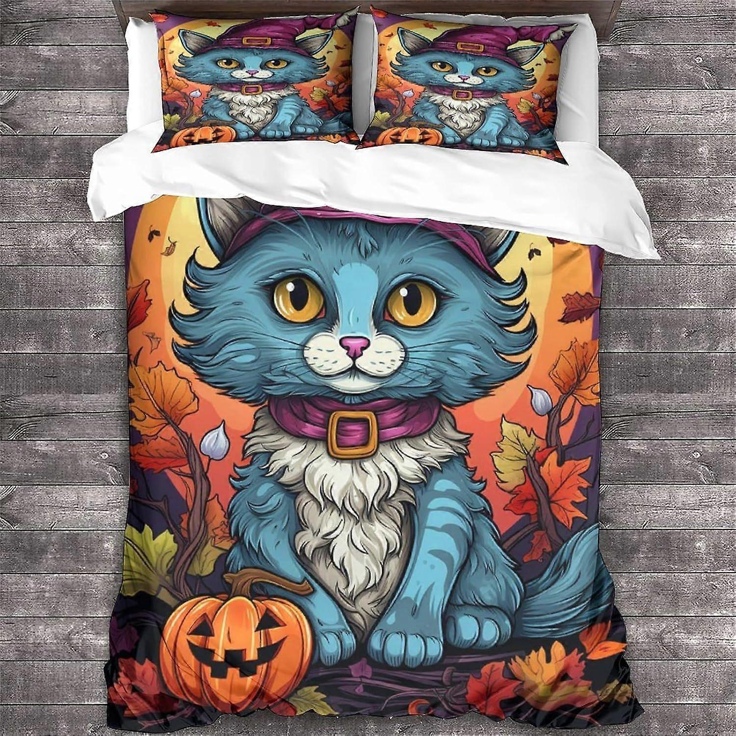 LikeEj 3D المطبوعة القط الفراش مجموعة للمراهقين نمط غطاء لحاف مجموعة مع أكياس وسائد هالوين ستوكات غطاء لحاف مع سحاب إغلاق الملك