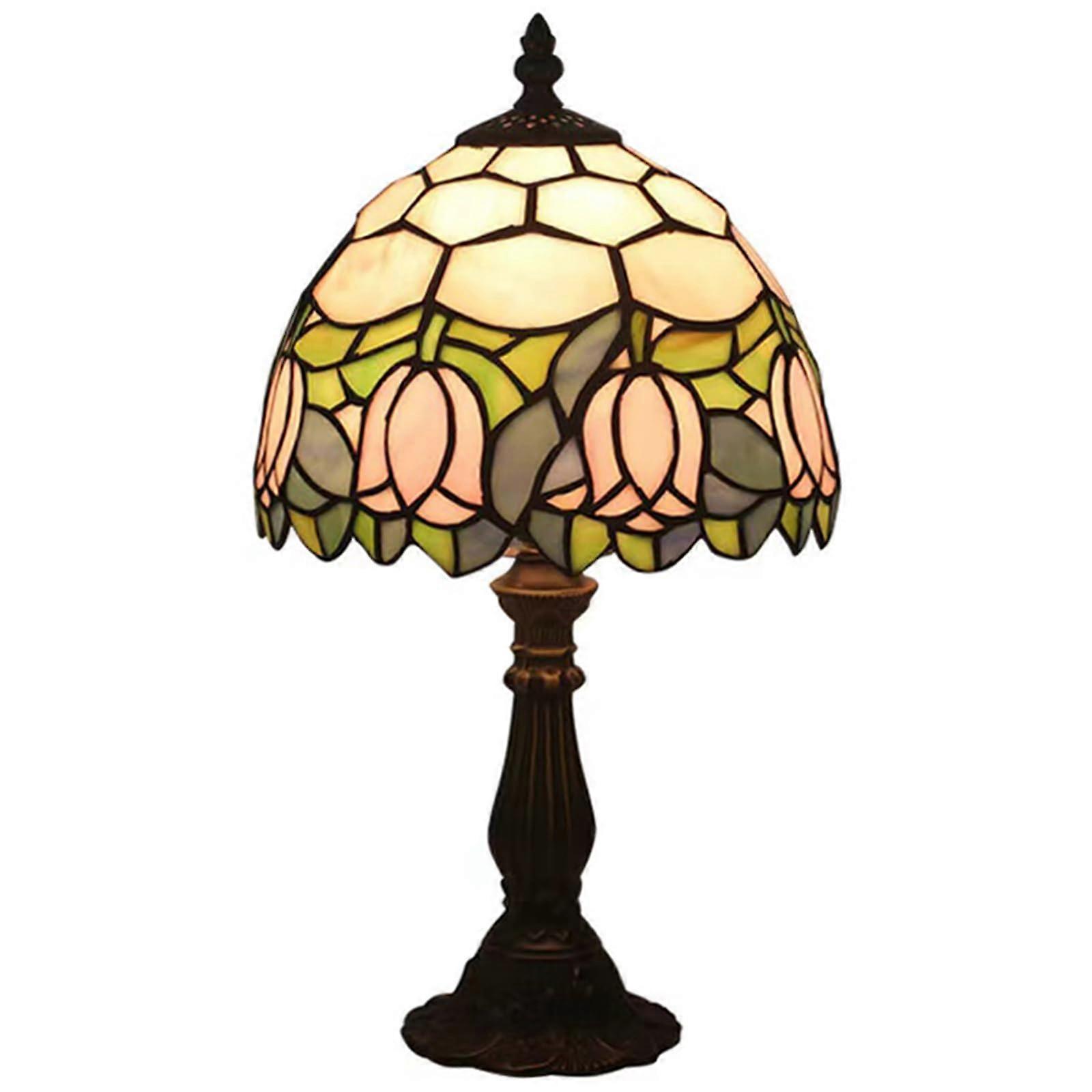 Table Lamp Pink Tulip Handmade Stained Glass with LED Bulb, Small 15 Inch Bedside Light