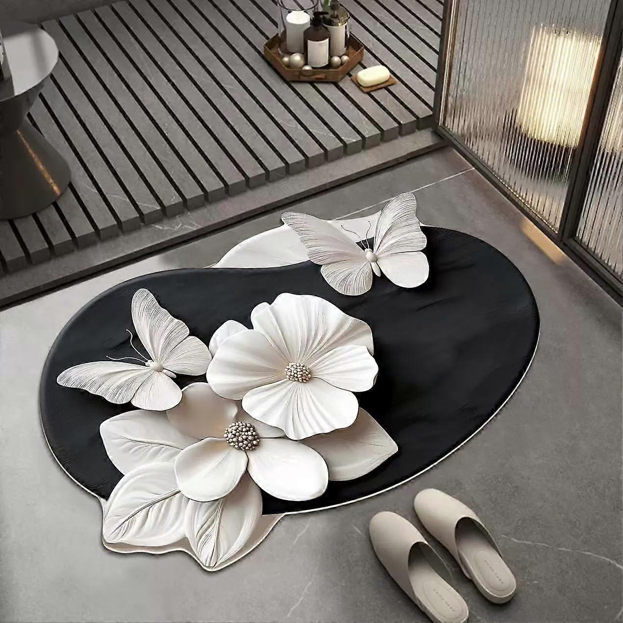 3D Rubber Bathroom Mat with Realistic Flower Pattern, NonSlip Absorbent Design (Flower Y, Medium)