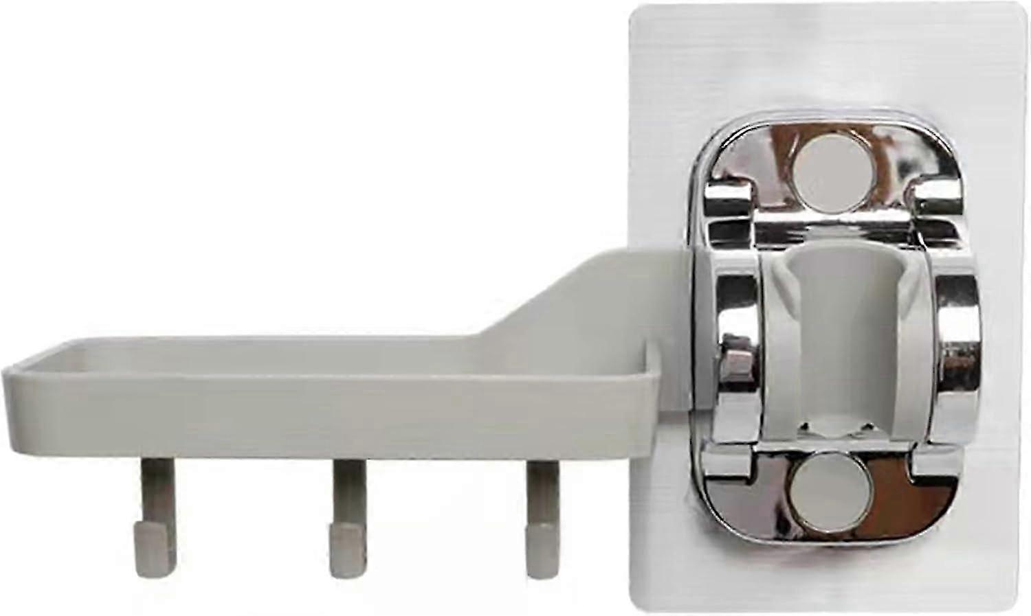 POM Shower Head Holder - Adjustable Wall Mount with Soap Dish & 3 Hooks - Strong Adhesive (Silver)