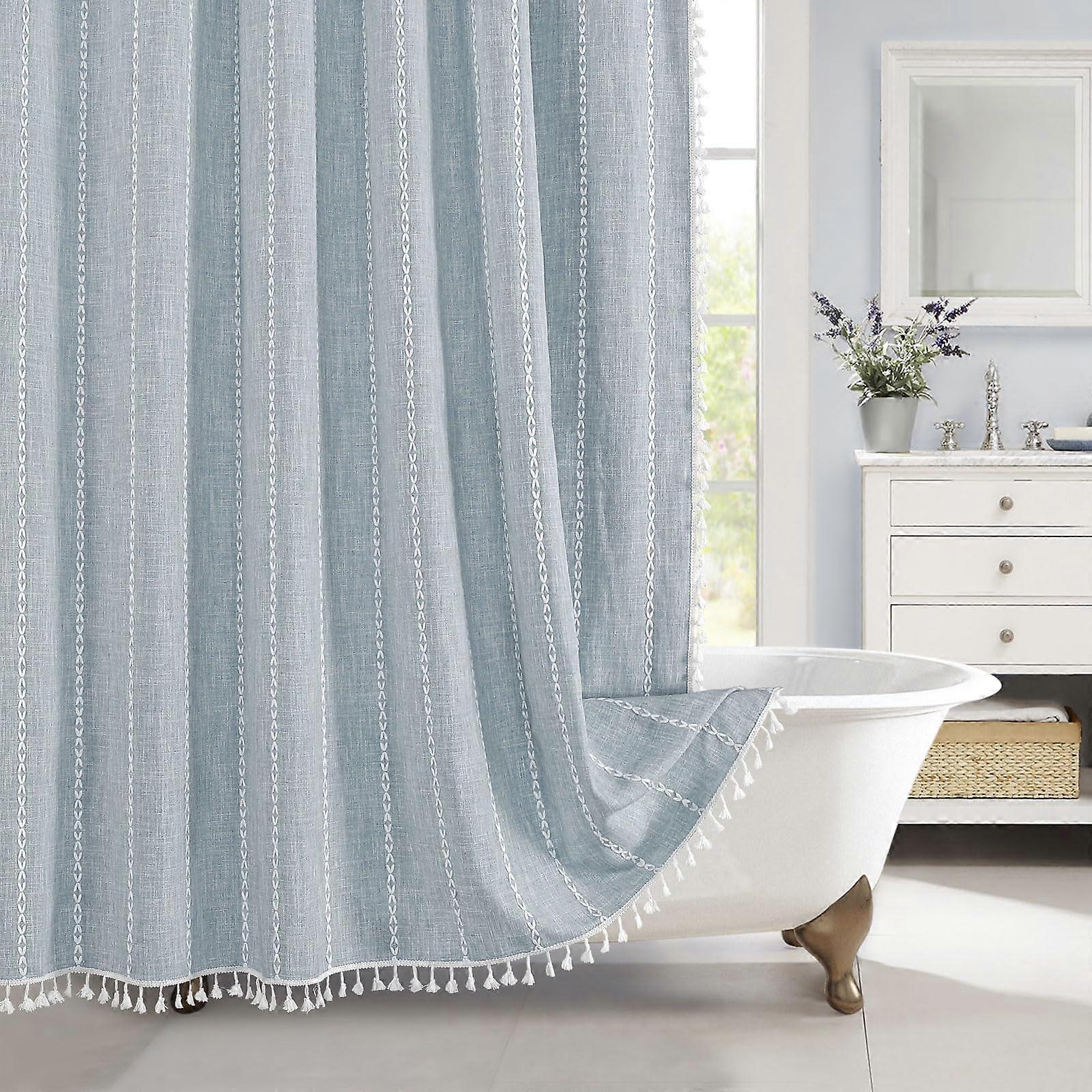 Extra Long Boho Farmhouse Shower Curtain 96 Inch with Tassels, Wrinkle Resistant Linen Polyester with Rustproof Grommets and Hooks, Blue