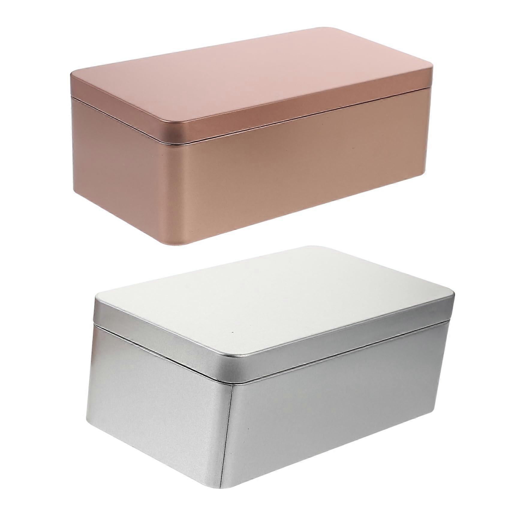 2pcs Rectangular Tin Storage Boxes with Airtight Seal Lid for Tea and Candy, Silver and Rose Gold