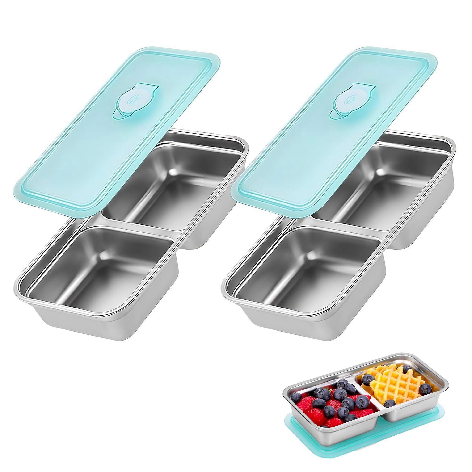 Snack Container 2pcs Blue, Double Compartment Leakproof Stainless Steel Food Storage for Camping