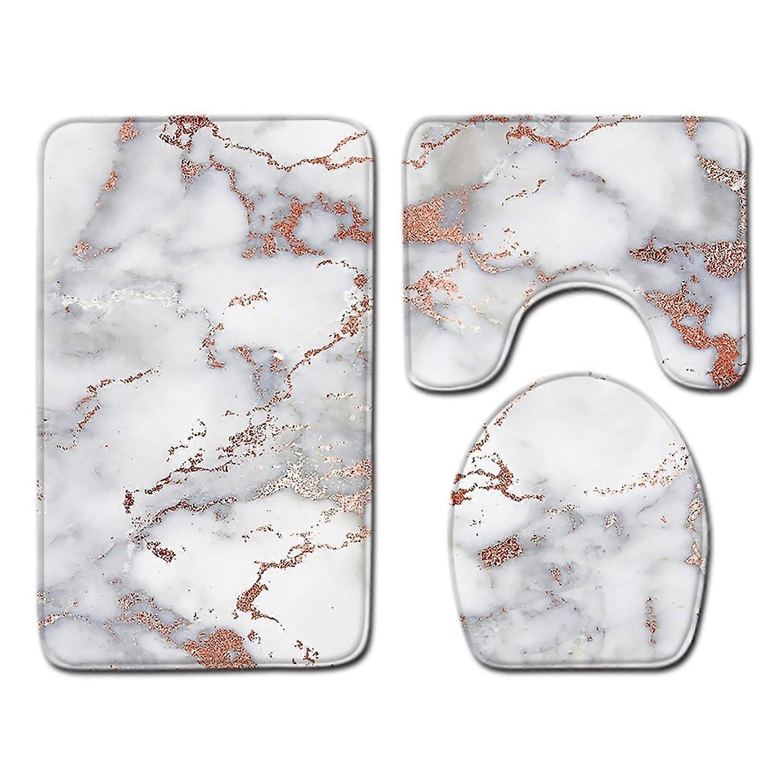 3 Piece Brown Marble Bathroom Rug Set Non Slip Soft Microfiber  Absorbent Machine Washable