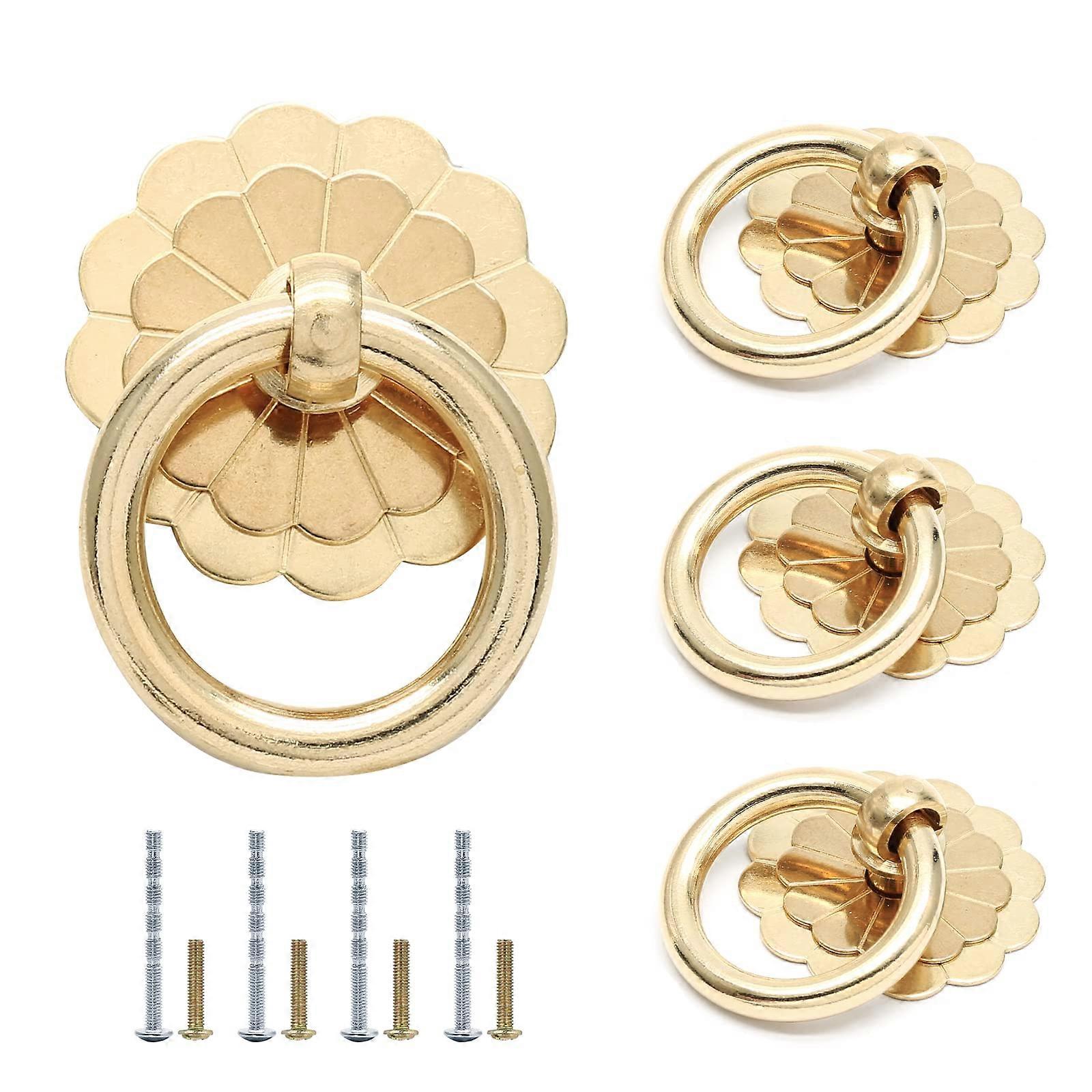 4PCS Vintage Brass Cabinet Ring Pull Handles, Gold Flower Shape Drawer Knobs, RustResistant