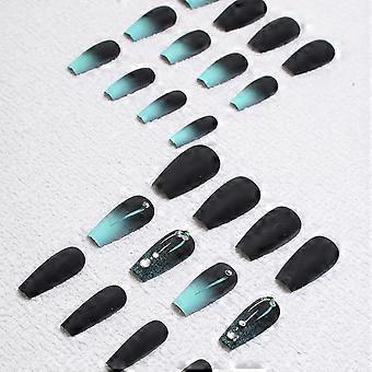 Press On Nails Coffin Fake Nails Black Blue Gradient Acrylic Nail With Rhinestone And Line