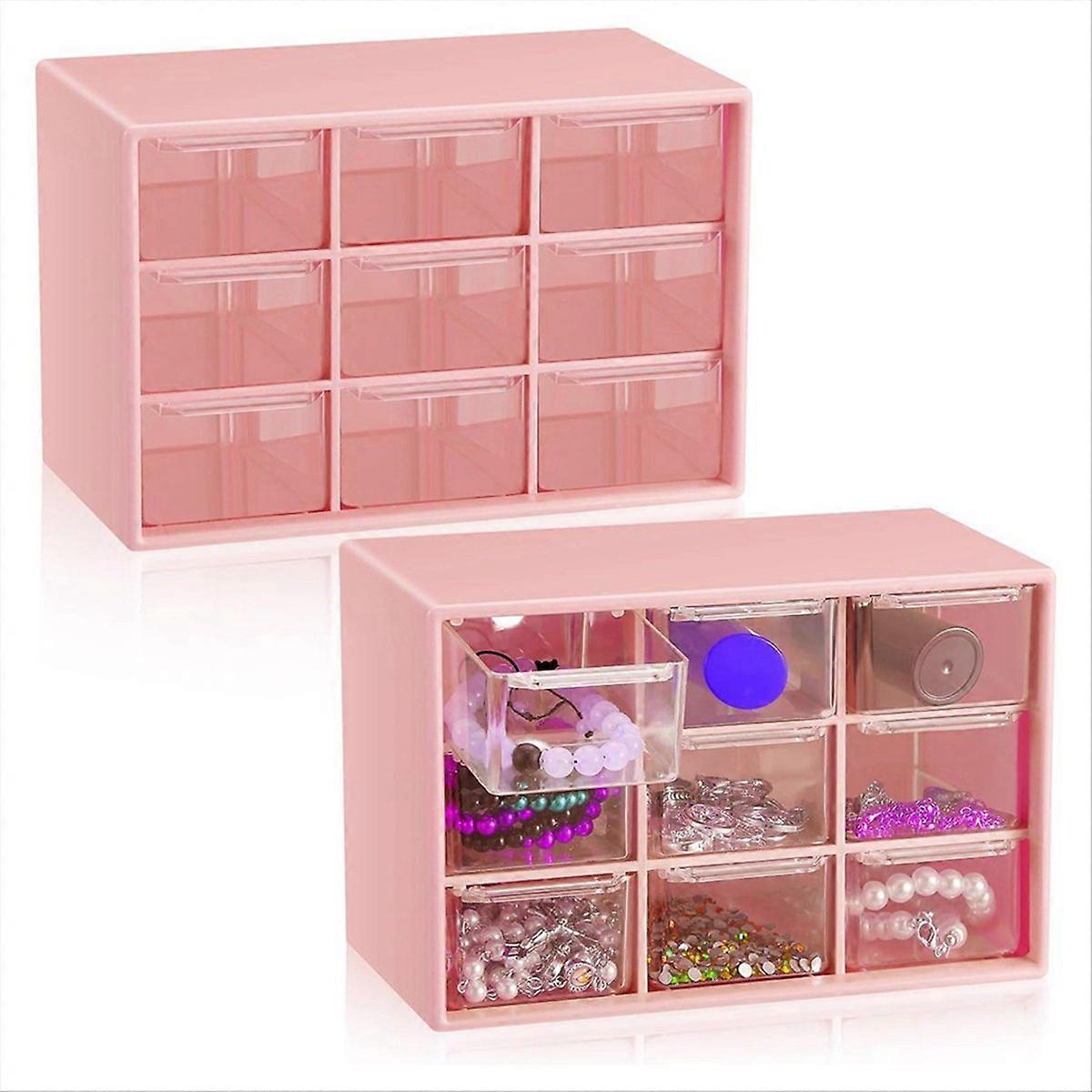 2 Pcs Small Drawer Organizer 9 Drawer Toolbox (Pink)