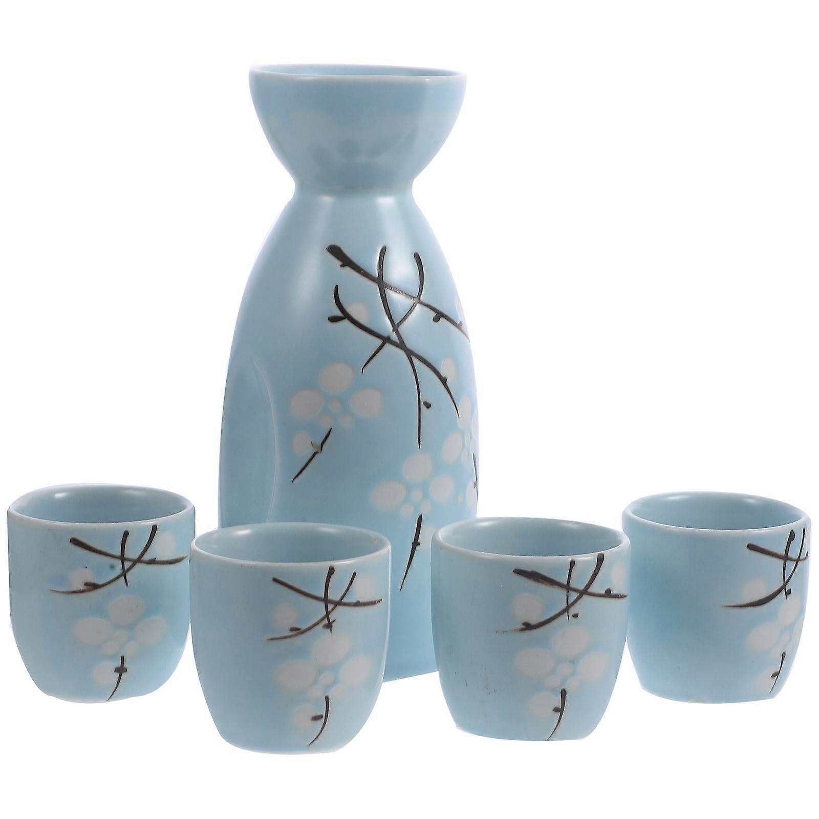 Sake Serving Set Ceramic with 1 Pot and 4Pcs Cups for Storage Use