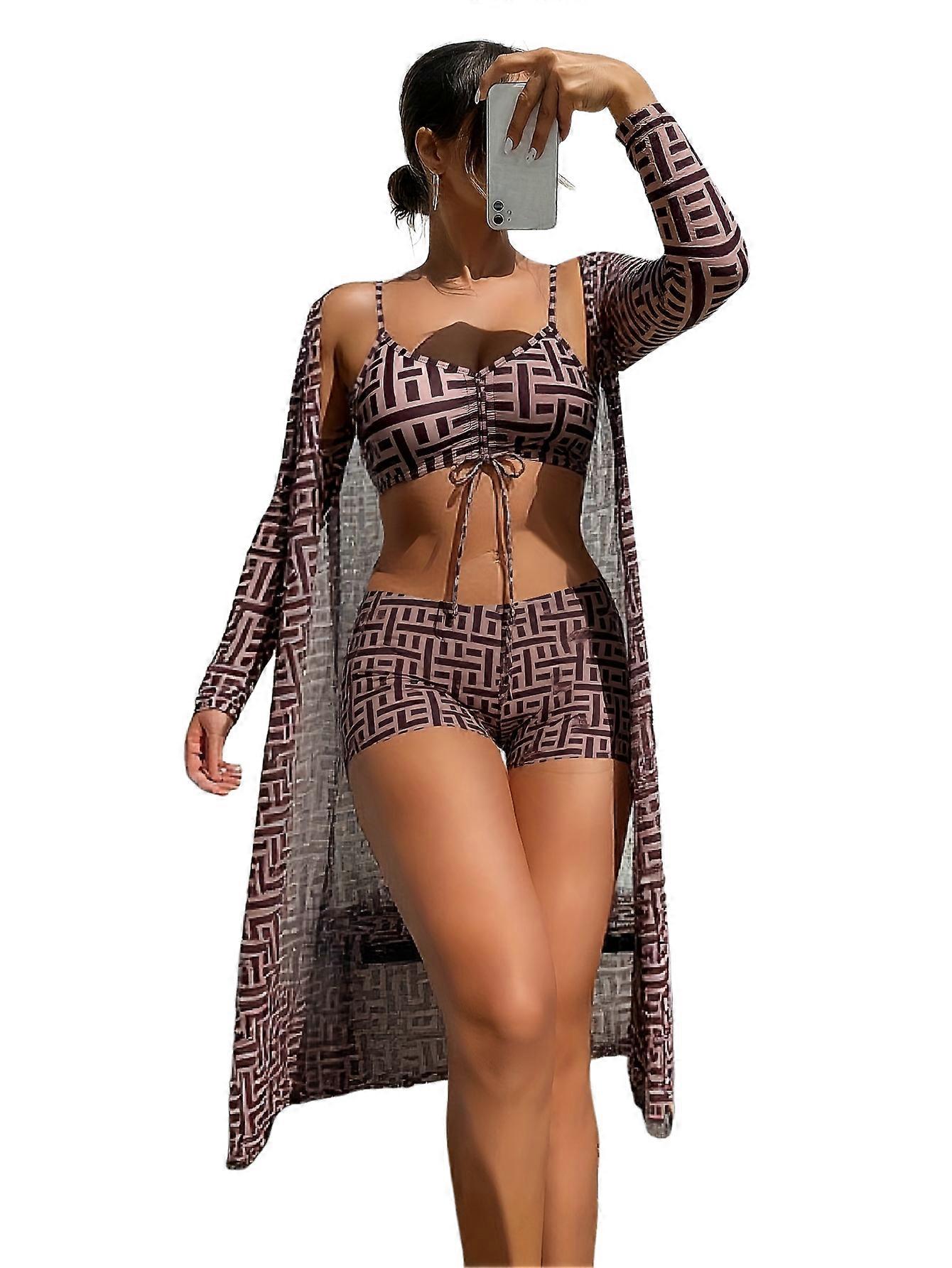 Brown geometric print three-piece bikini set, including cover-up