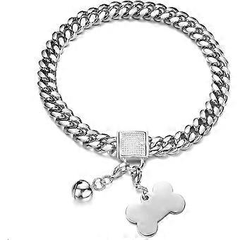 Dog Chain Collar Silver Cuban Link Dog Necklace with Cubic Zirconia Design Buckle Choke Collar with Dog tag. Bell.10/14/18MM Wide Stainless Steel Walk
