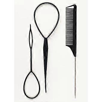 Hair Tail Tools, 3Pack Hair Loop Tool Set mit 2Pcs French Braid Tool Loop 1Pcs Rat Tail Comb Metall Pin Tail Flechtkamm für Haarstyling, Schwarz