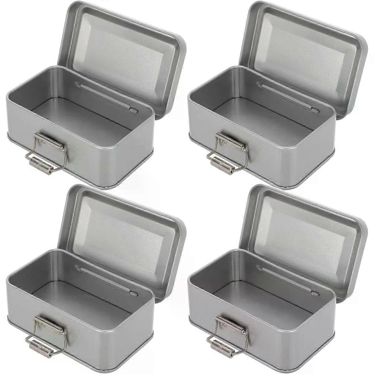 4pcs Hinged Tinplate Boxes with Buckle Clasp, Silver