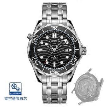 Men's Dive Watch Black Wave Dial Stainless Steel  Quartz Sport