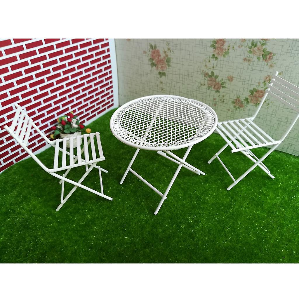 2x 1/12ドールハウスバルコニーガーデン用ホワイトラウンドテーブルチェア家具セット