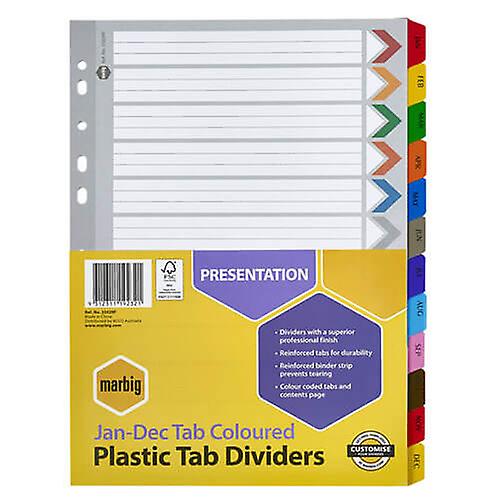 Marbig Jan to Dec Manilla Plastic Tab Dividers A4 Bright Fluorescent Design