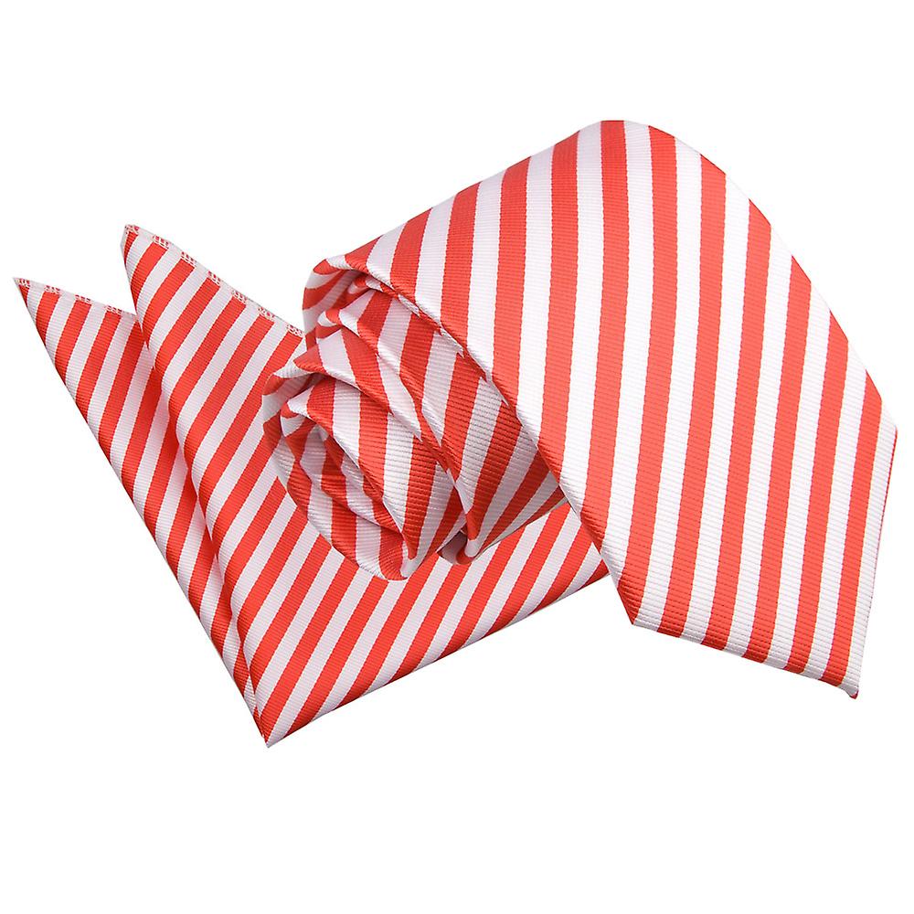 White and Red Thin Stripe Tie and Pocket Square Set