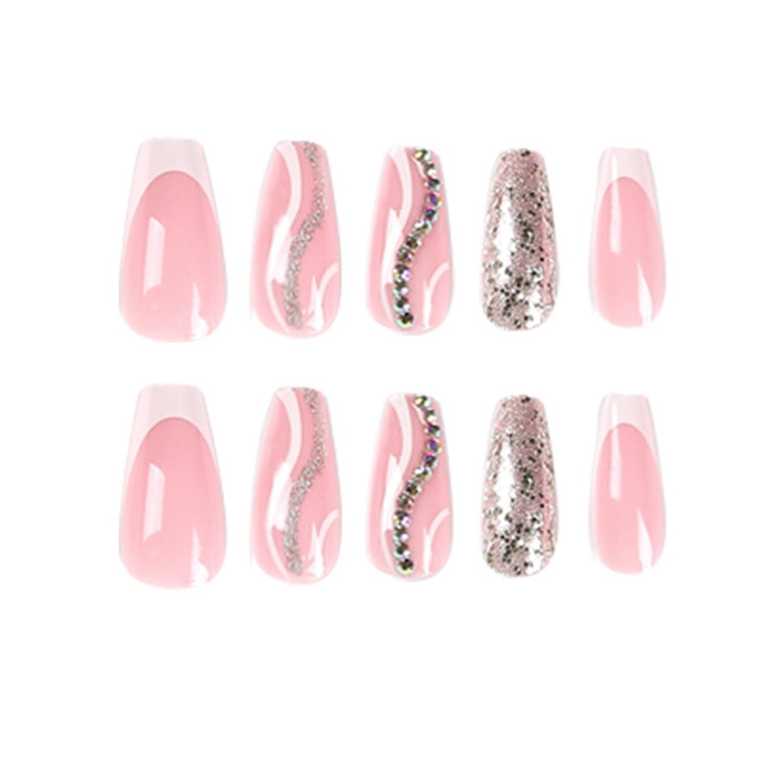 Pink False Manicure With White Edge Printed Durable & Never Splitting Com