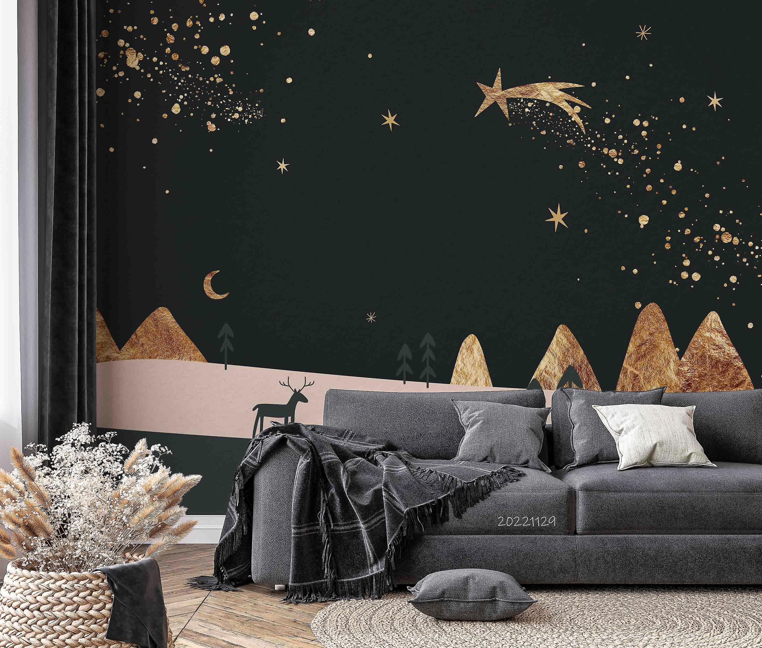 3D Abstract Shape Gold Foil Moon Shooting Star Wall Mural Wallpaper Gd 2108