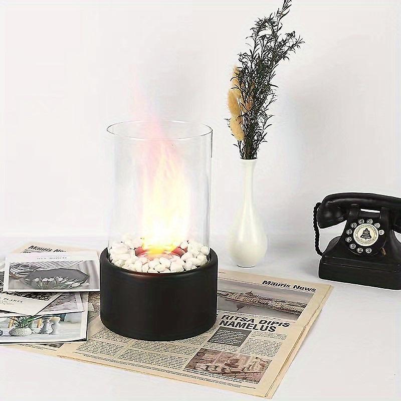 1Pc Portable Stainless Steel Desktop Fireplace Lamp - Indoor Heating Stove With Round Glass Bar Atmosphere - Perfect For Small Spaces