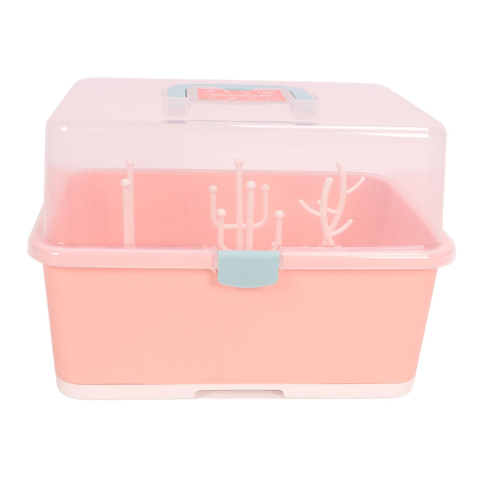 Portable Baby Bottle Drying Rack, Nursing Bottle Storage Box, Tableware Organizer with Lid for Baby and Toddler, Implied Pink