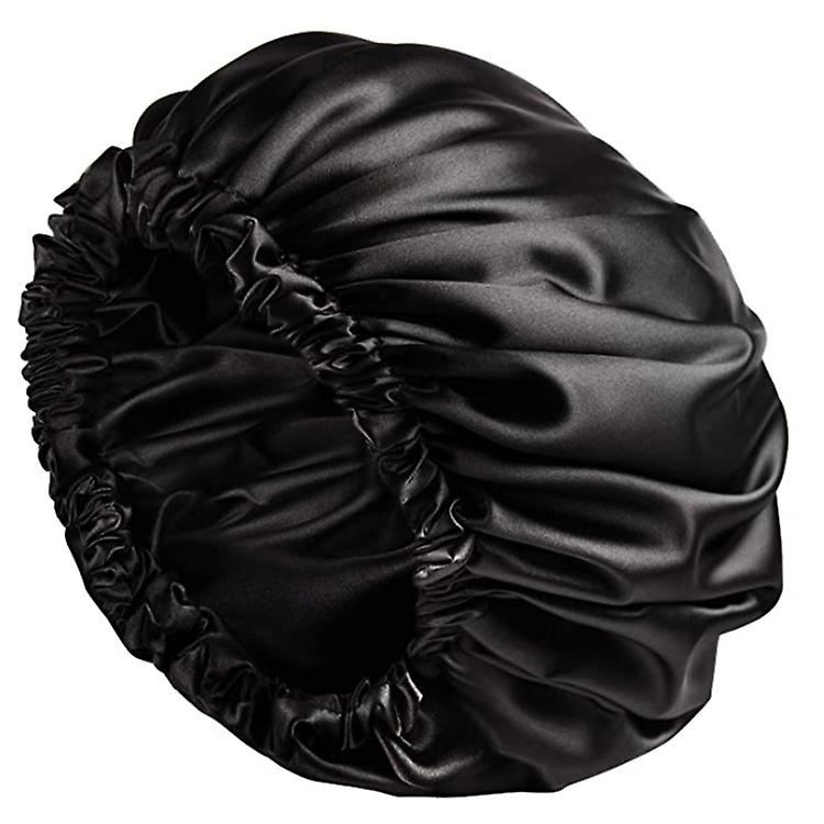 Satin Bonnet Sleep Bonnet Cap (Large,Black)-  Double Layer, Reversible, Adjustable Satin Cap for Sle