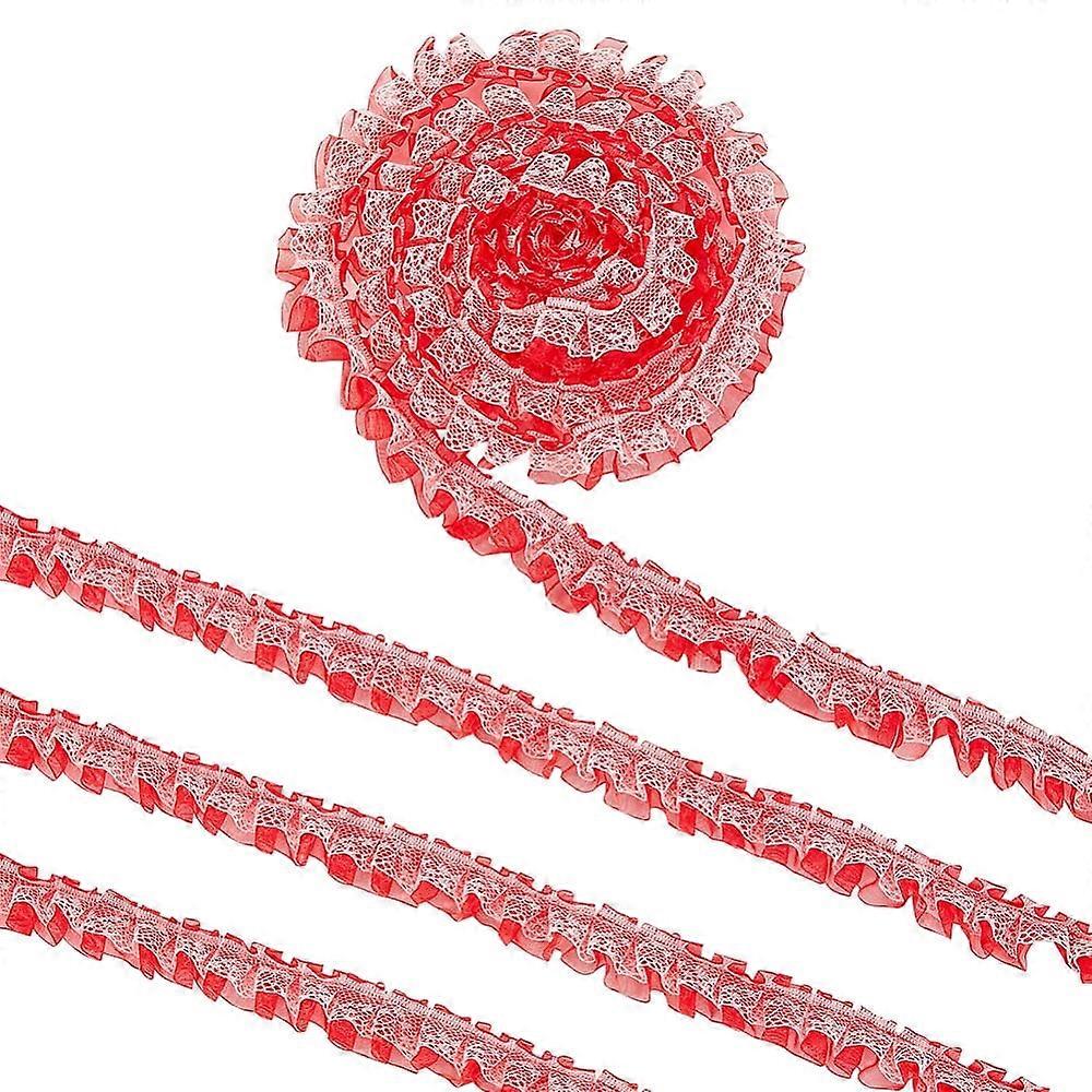 Double Layer Pleated Polyester Lace Trim Garment Accessories Red 1 inch(24mm) about 19.69 Yards(18m)/pc