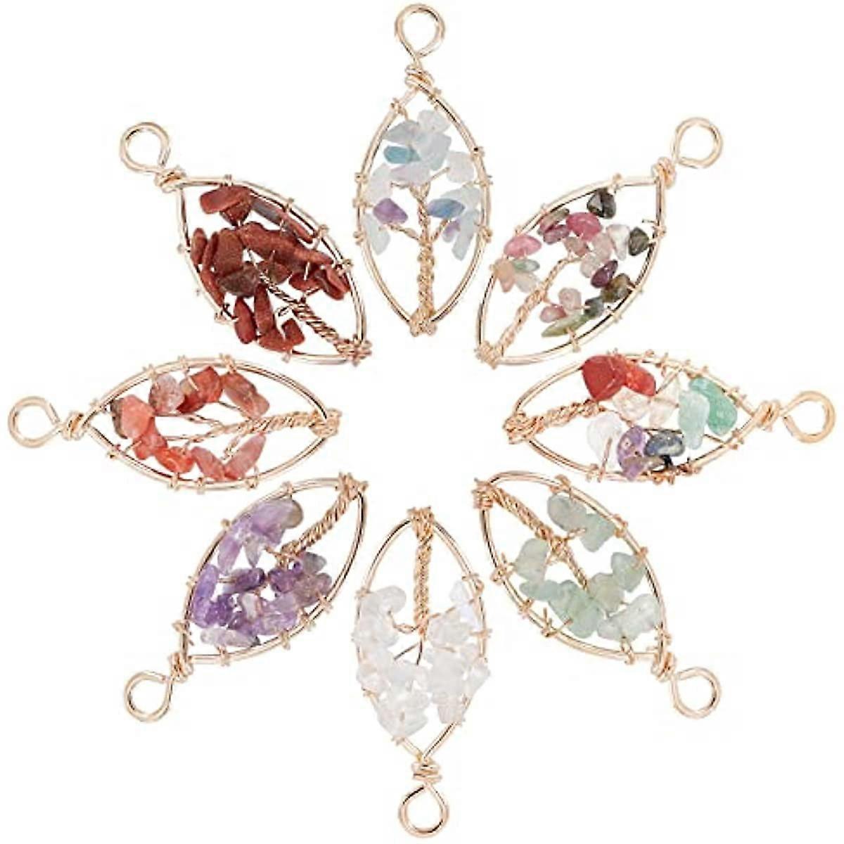 8Styles Tree of Life Charms Oval Crystal Quartz Pendants Gemstone Chakra Charms Good Luck Wire Wrapped Charms