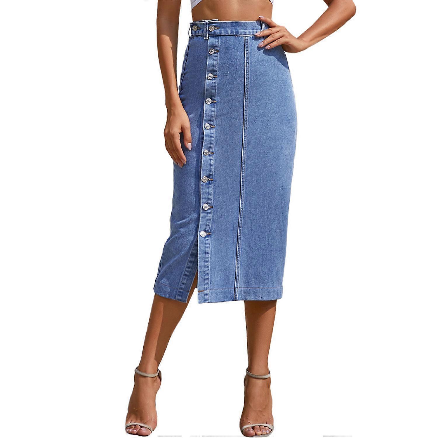 Women Straight Fit Stretch Longline Button Detail Skirt-Black