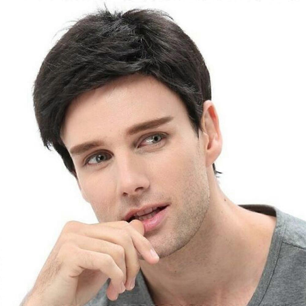 Men Black Natural Short Wig Wavy Hair Layered Full Synthetic Wigs