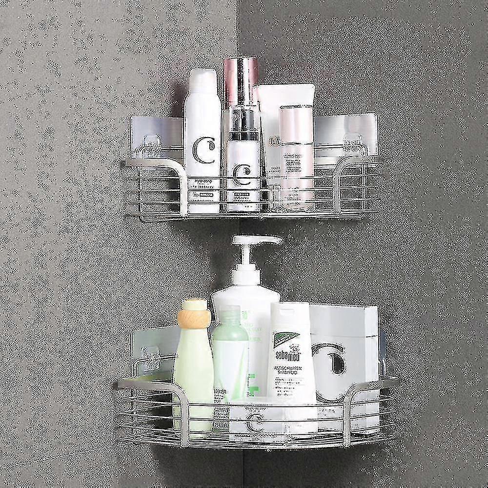 Set Of 2 Corner Shower Shelf Without Drilling Adhesive Bathroom Shelf Stainless Steel Triangle Basket Storage For Shampoo Soap With Hooks--