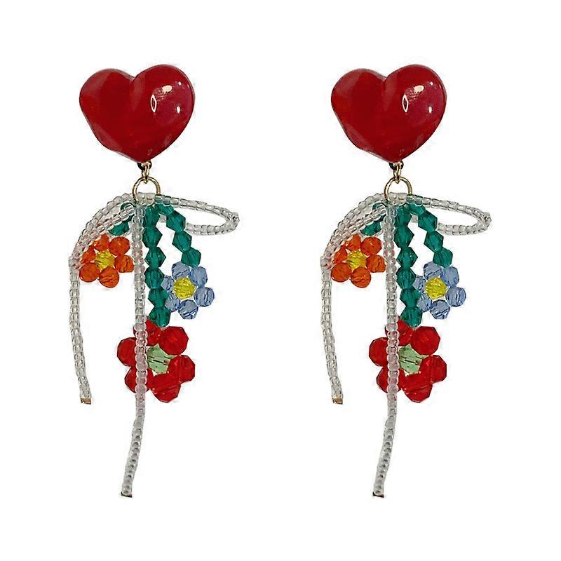 Handmade Pear Beads Embossment Red Flower Earrings