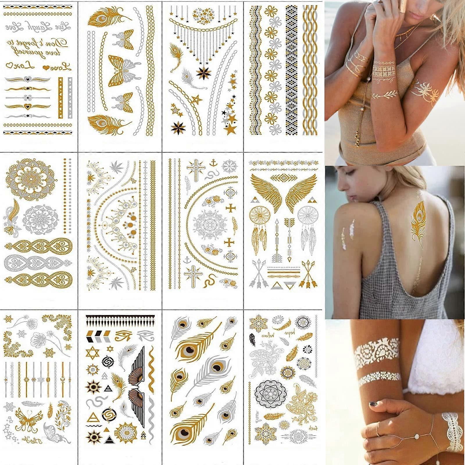 12 feuilles Tatouages Flash métalliques Tatouages adhésifs temporaires en or Set Tatouage temporaire imperméable à l’eau