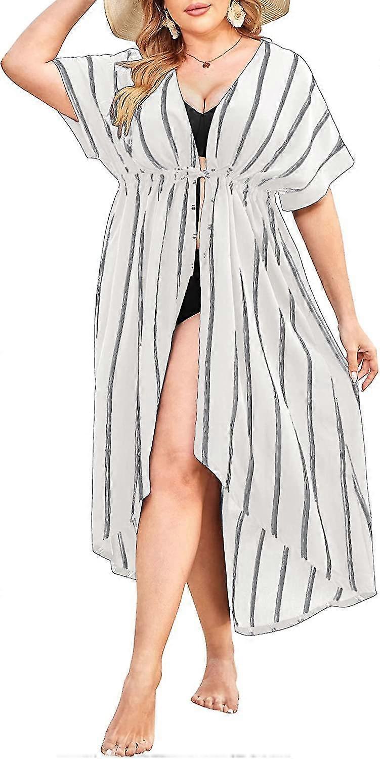 Women Plus Size Long Cover Up Stripe Bikini Coverups Kimono Tie Front Bathing Suit Swimsuit