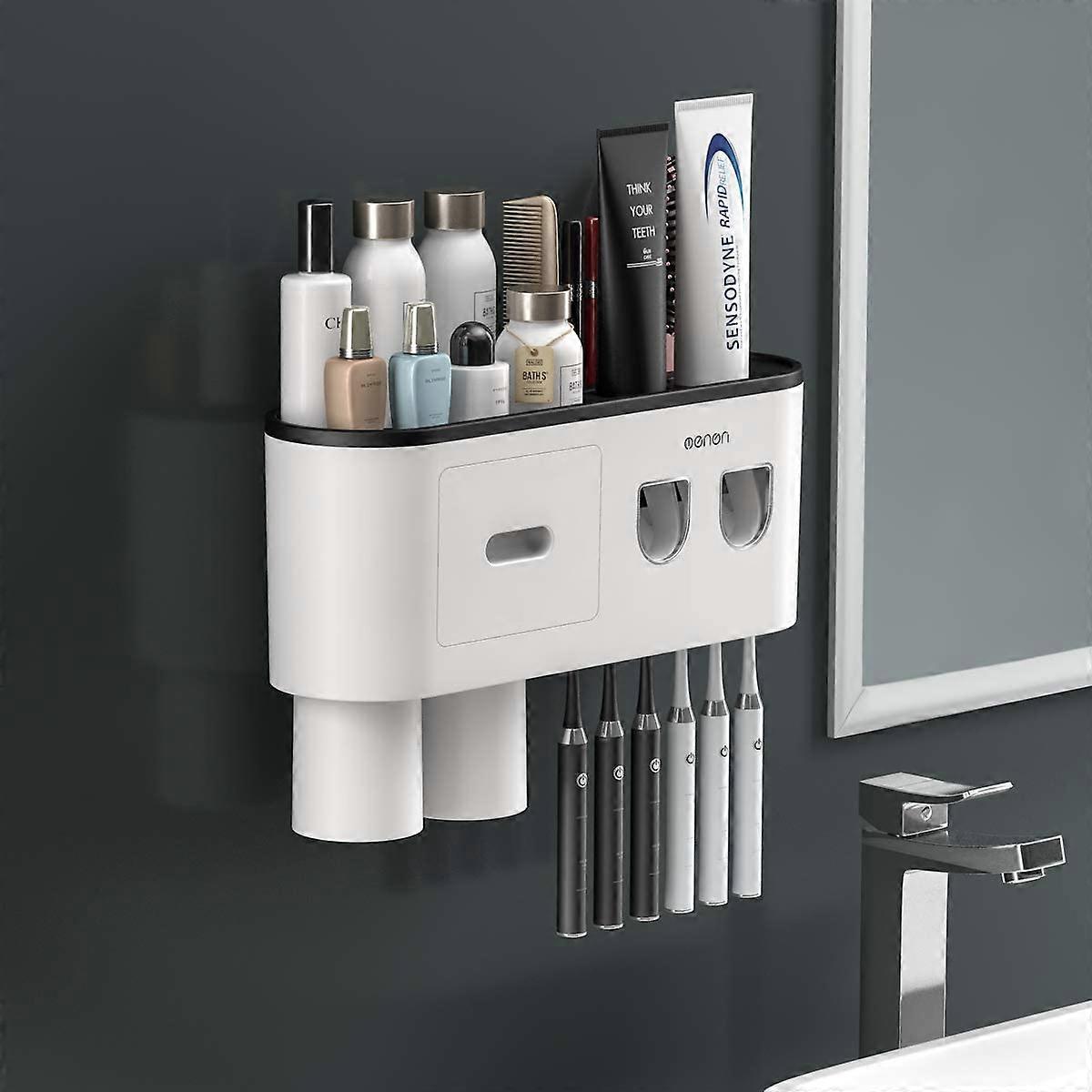 Double Automatic Toothpaste Dispenser with Toothbrush Holder (2cups), Storage Organizer with 6 Toothbrush Slots, Cosmetic Storage Drawer