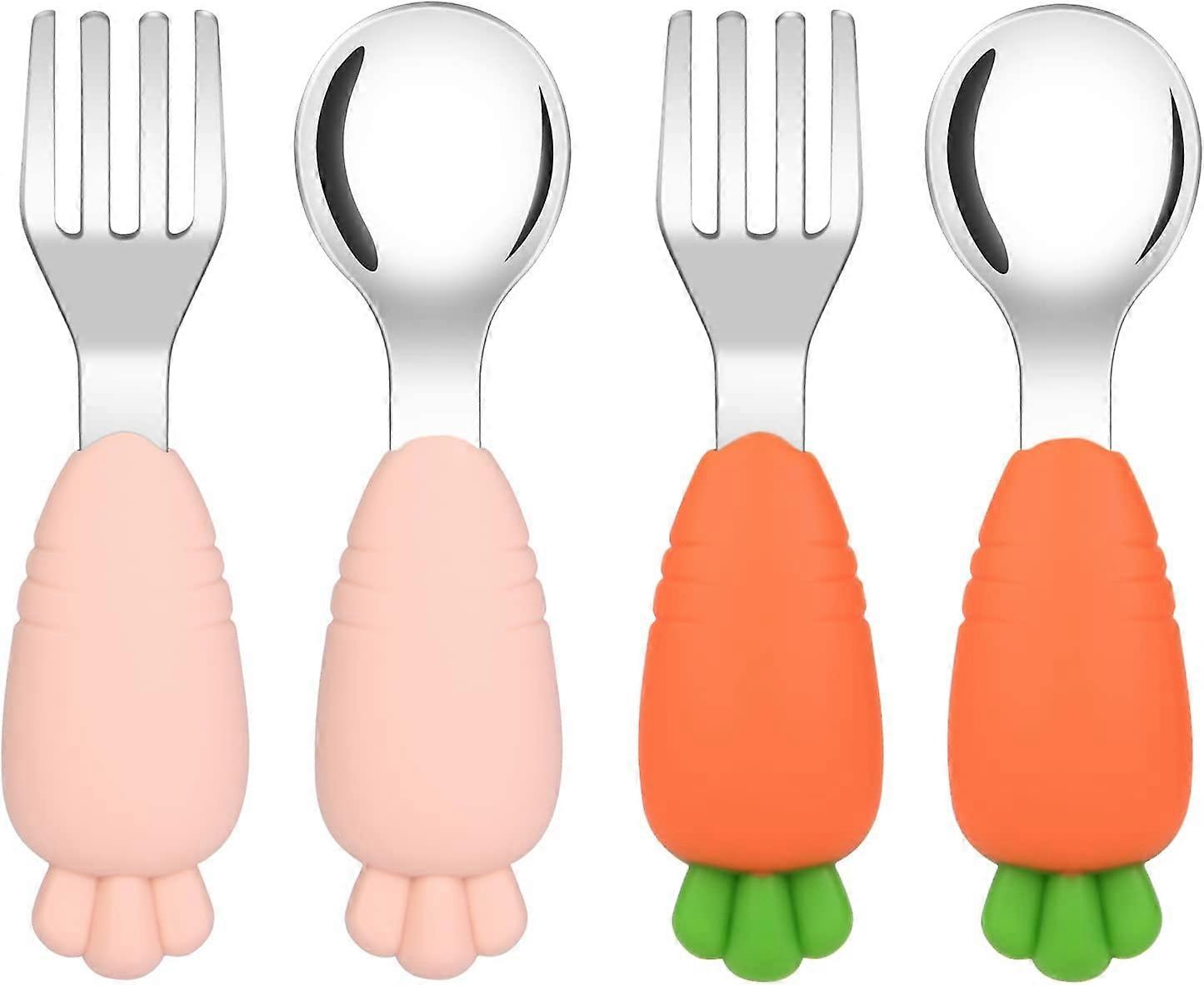 Baby Fork Spoon Set, 4pcs Child Fork And Spoon Easy Grip Stainless Steel For Toddler Perfect Learning Stensils