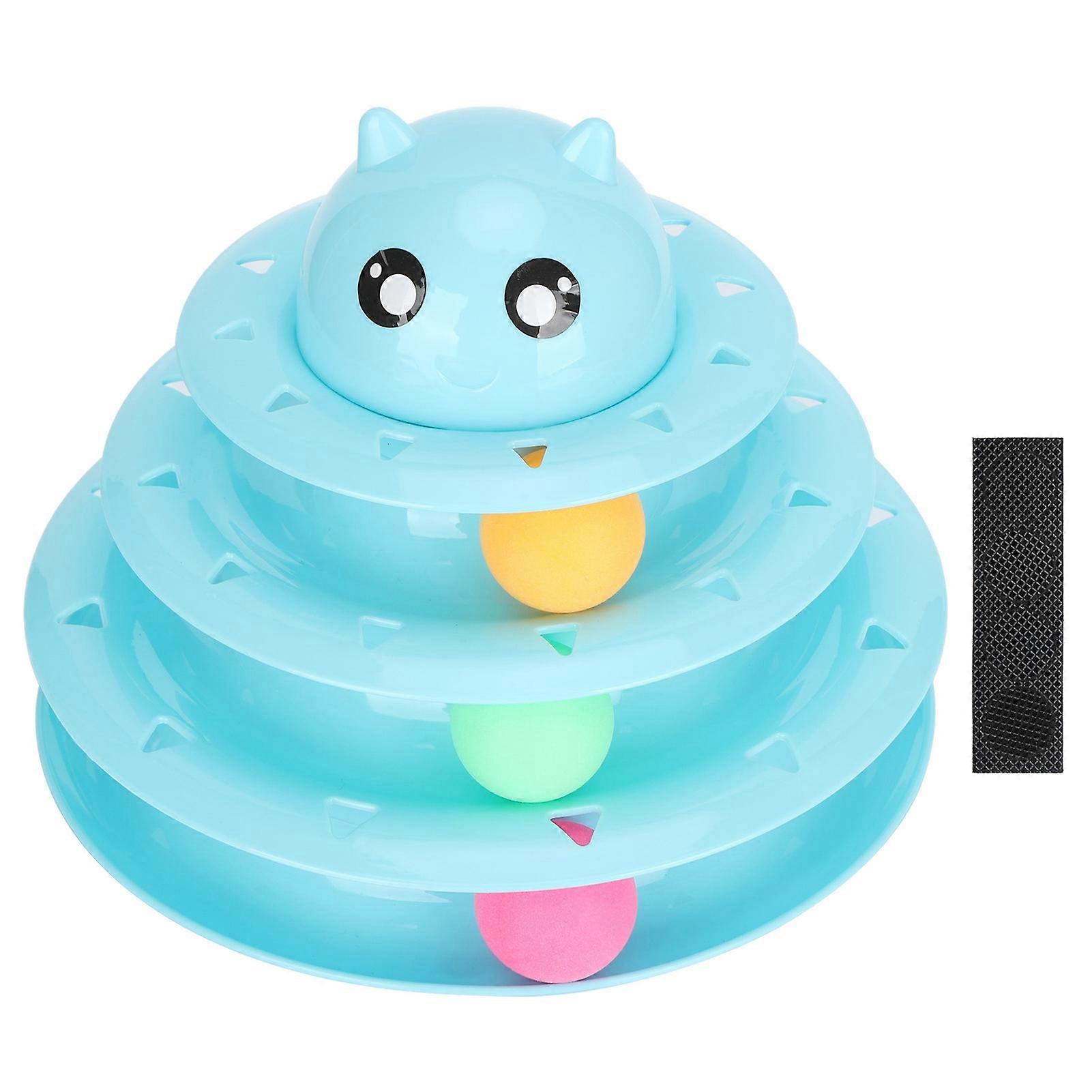 Cat 3 Level Tower with 3 Rolling Balls AntiSlip Pet Interactive Tracks Playing Toy(Blue )