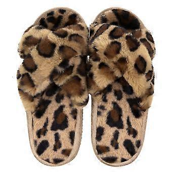 Women Plush Slippers Autumn And Winter Warm Platform Fuzzy Slippers Leopard Print Cross Band Indoor Home Floor Flip Flop Leopard Brown