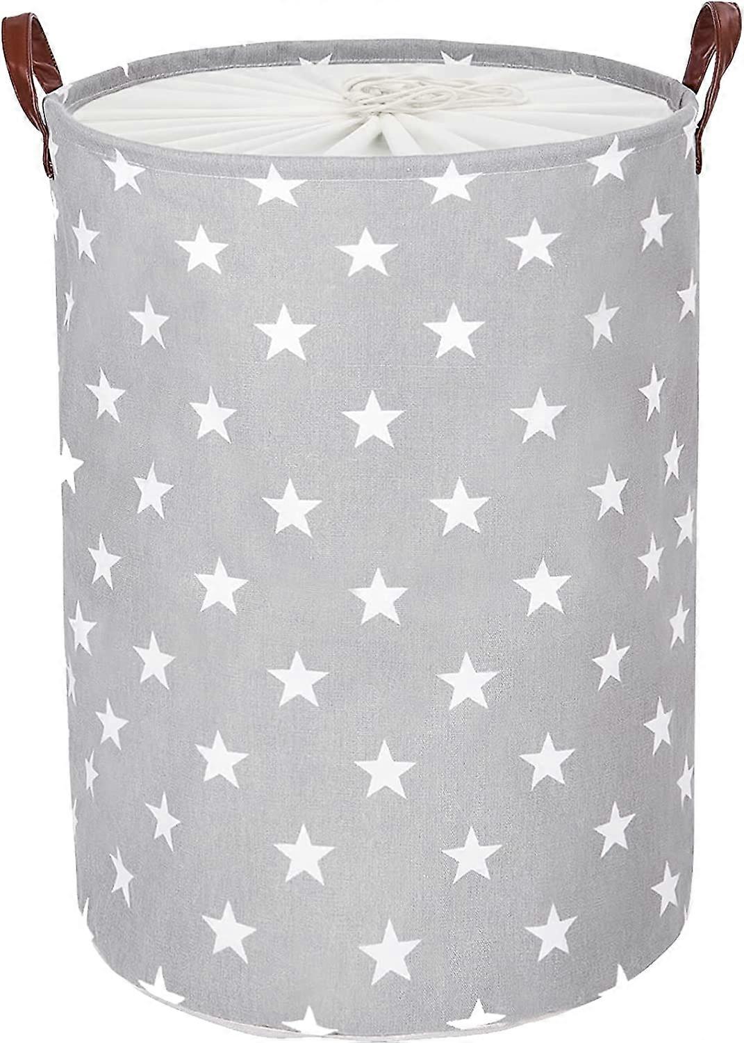 20-Inches Freestanding Laundry Basket with Lid, Collapsible Large Drawstring Clothes Hamper Storage with Handle (Grey Star, L)