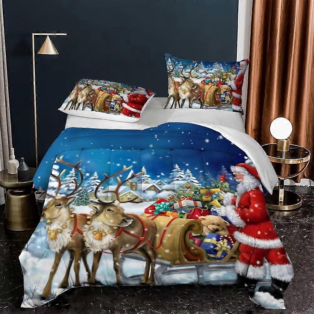 Christmas Comforter Set Full, Holiday Decorative Santa Claus Reindeers Send Print 3 Piece Super Soft Lightweight Bedspreads Bedding Sets