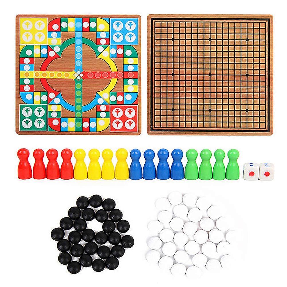 1 Set Multi-function Game Chess Wooden Flying Chess Five-in-a-row Chess Game Board Two-in-One Chess Educational Plaything As Shown