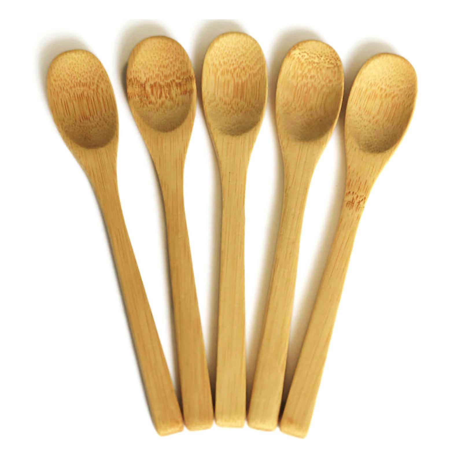 5Pcs Bamboo Long Handle Spoon Flatware Coffee Honey Ice Cream Tea Kitchen Gadget