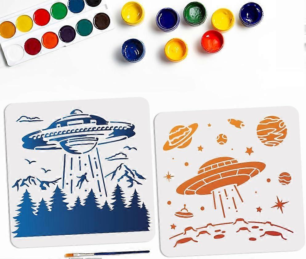 2pcs UFO Planet Space Stencils 11.811.8inch Large Spaceships Stencil Template with Paint Brush Square Space Theme Stencils on Wood Canvas Fabric Wall