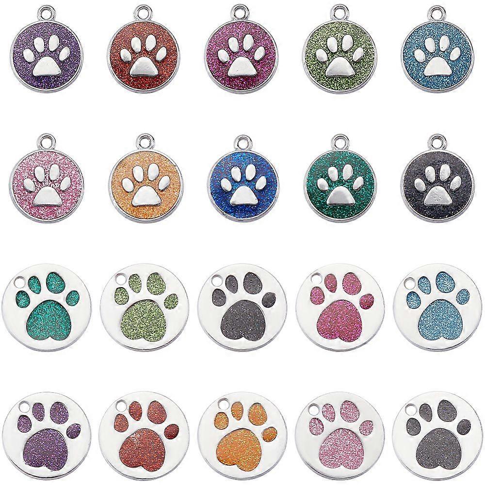 1Set 40Pcs 20 Styles Enamel Pendants with Platinum Plated Alloy Findings and Glitter Powder Flat Round with Dog Paw Prints Mixed Color 23~25x23~25x1.7