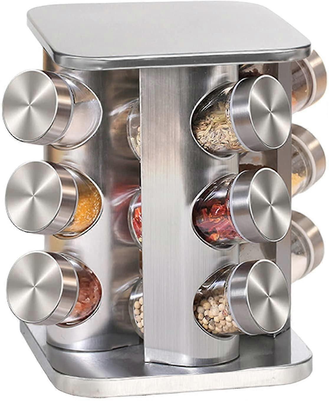 Revolving Transparent Jar Countertop Spice Rack Tower Organizer With Storage Rack For Cumin Prickly Ash, Silver (silver Square Column, 12 Pieces)