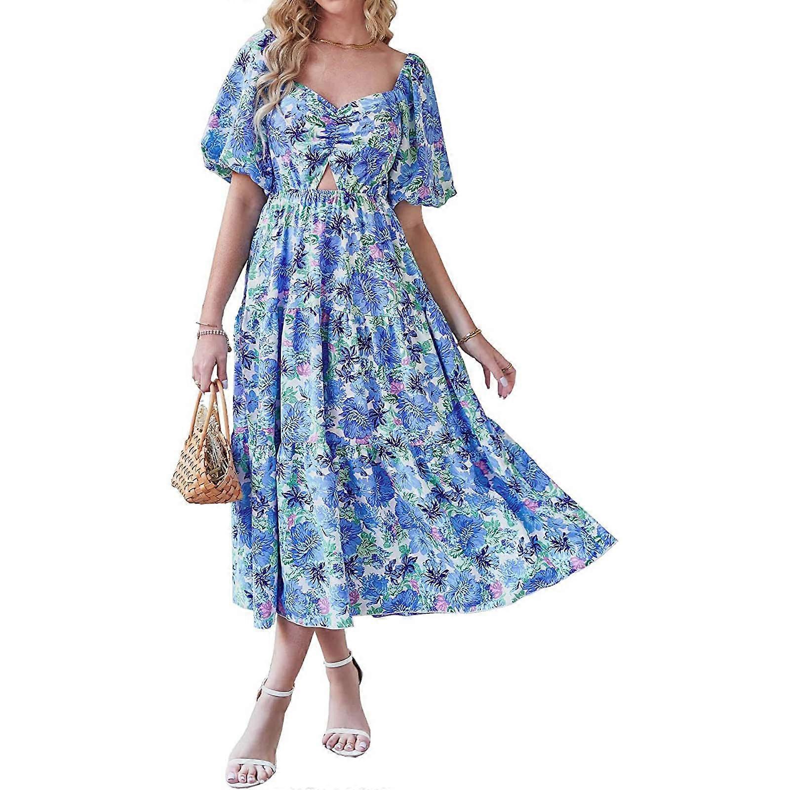 Women Floral Print Casual Square Neck Ruffle Maxi Dress Summer Floral Long  Maxi Dress Party Club Dresses Blue 2XL
