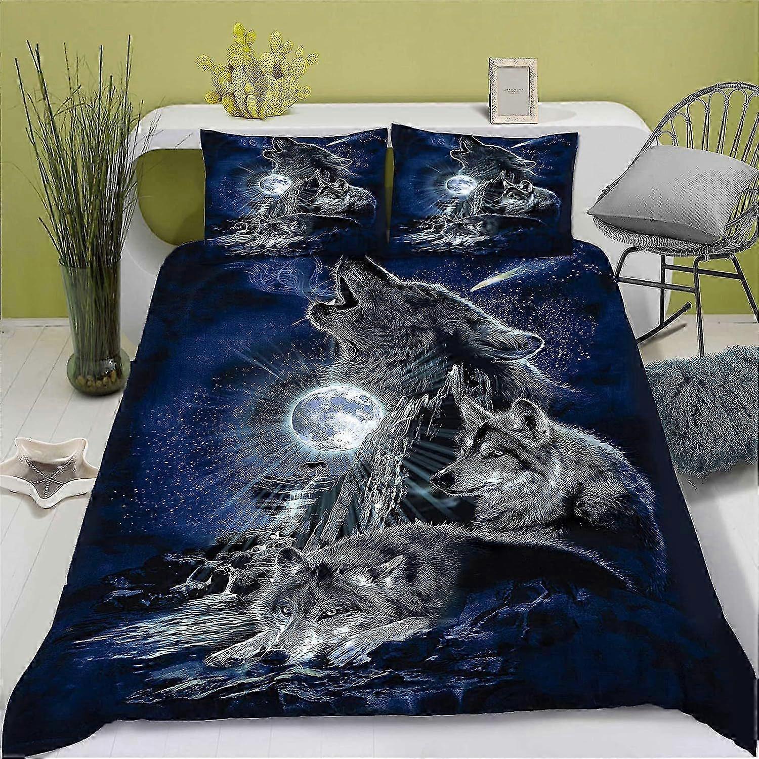 Three-piece Set of Wolf Patterned 3D Printed Ultra-Fine Fiber Bedding with Matching Duvet Cover