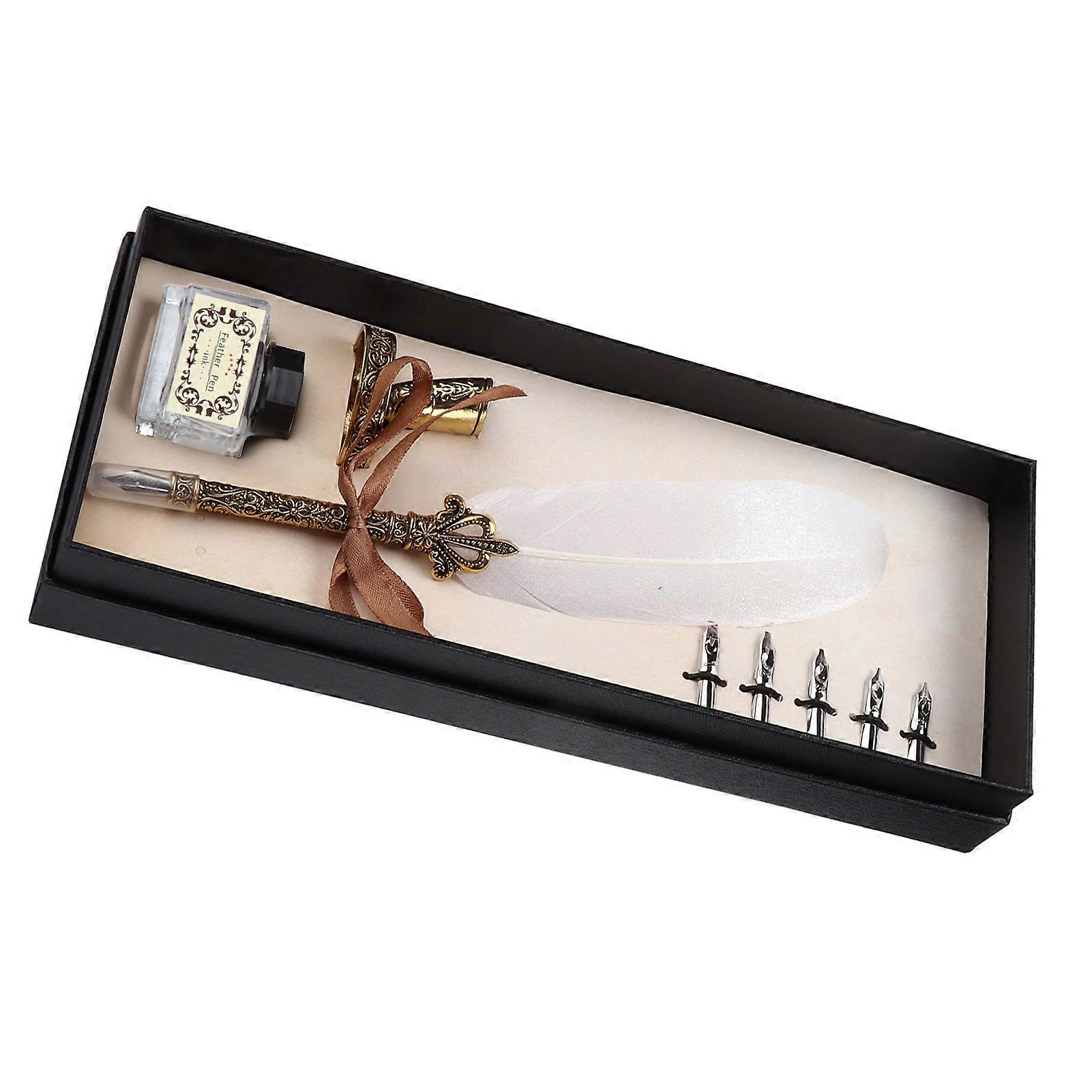 Quill Pen Writing Ink Dip Pen, Retro Design Feather Calligraphy Set with Metal Nibs &amp; Handcrafted Pen Stand